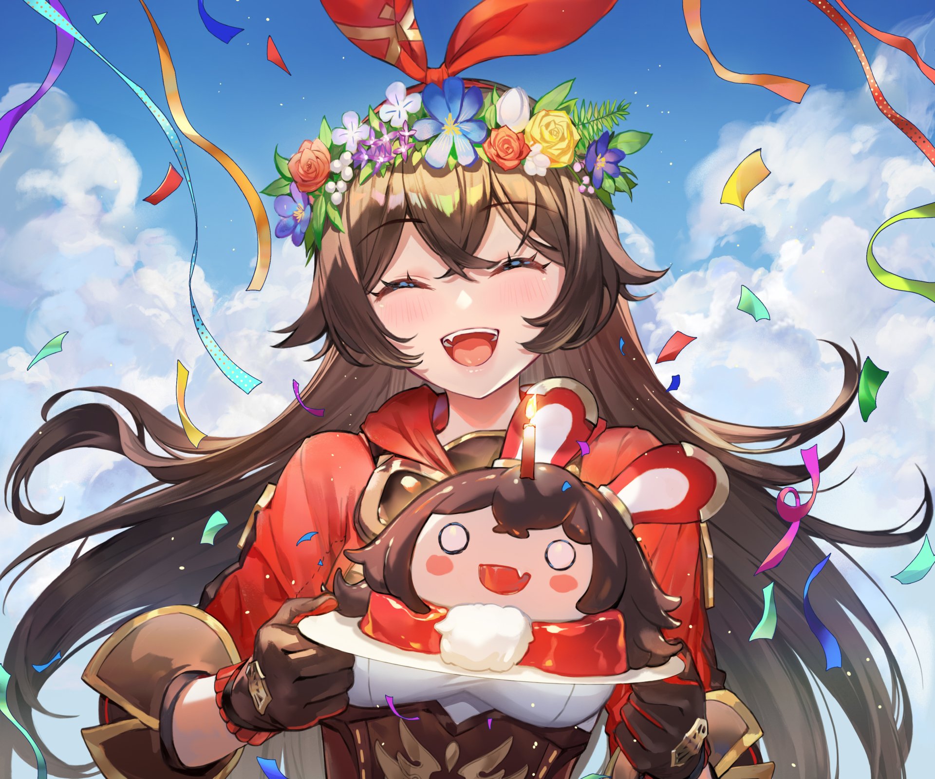 HD PC desktop wallpaper featuring Amber from Genshin Impact, smiling joyfully with a festive cake, surrounded by colorful confetti and a bright blue sky background.