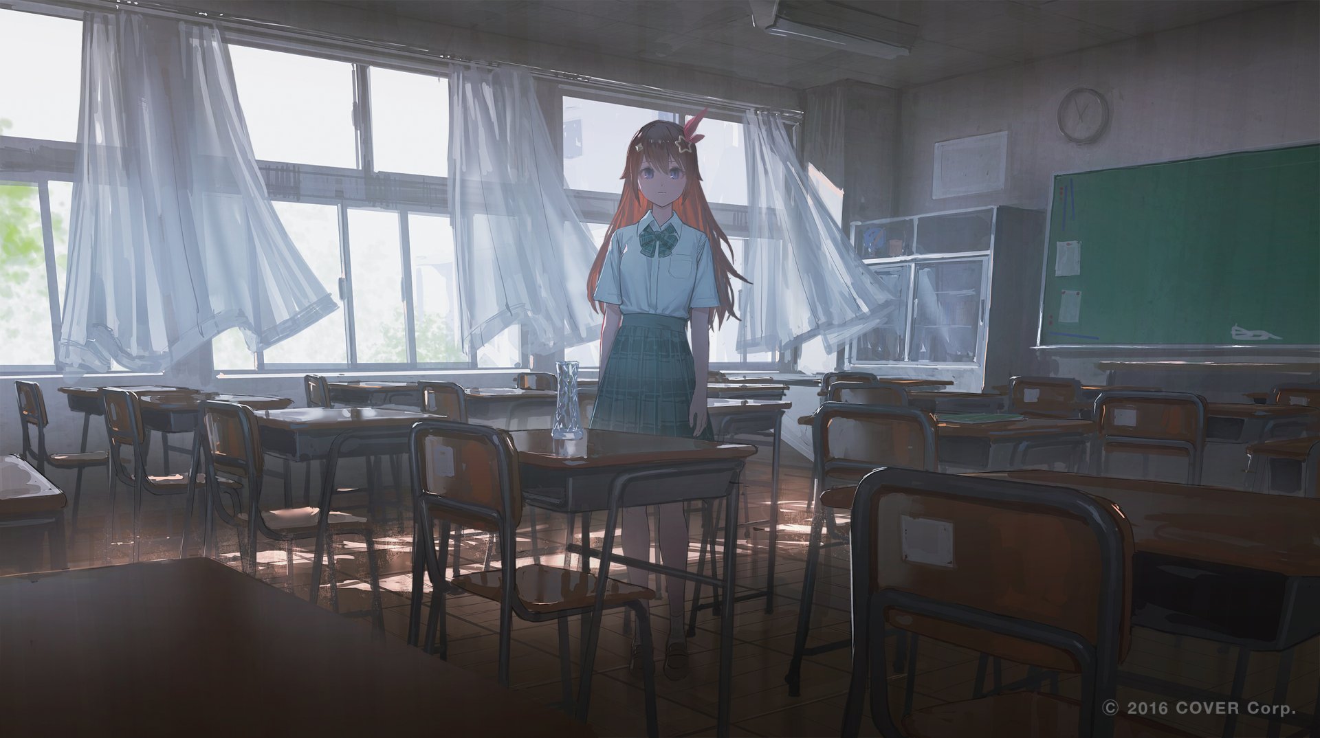 HD desktop wallpaper featuring Tokino Sora from hololive dressed in a school uniform, standing in an empty anime-style classroom, representing a virtual YouTuber scene.