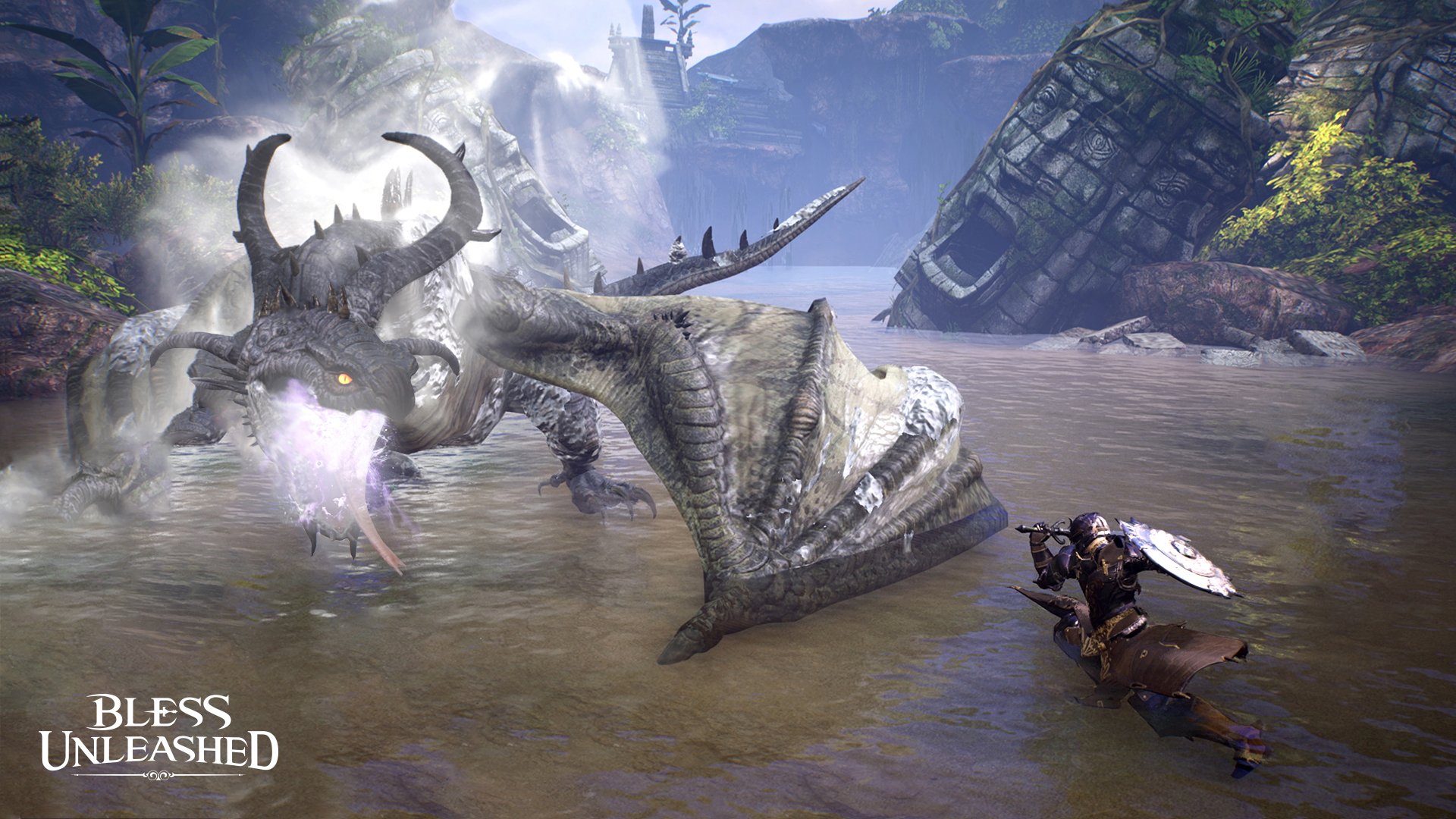 HD desktop wallpaper featuring an epic scene from Bless Unleashed with a warrior facing a formidable dragon in a mystical river setting.