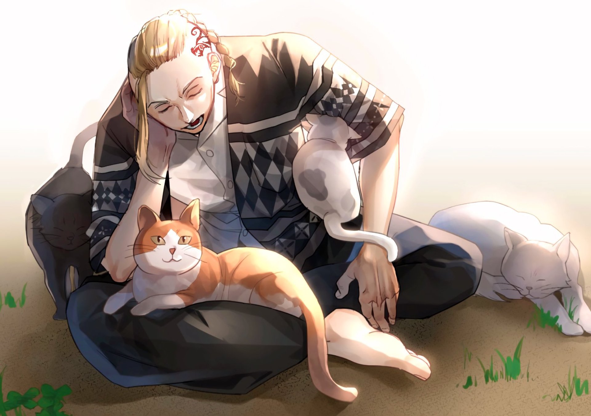 HD PC desktop wallpaper featuring Ken Ryuguji from Tokyo Revengers, sitting on grass with two cats, illuminated by soft natural light.