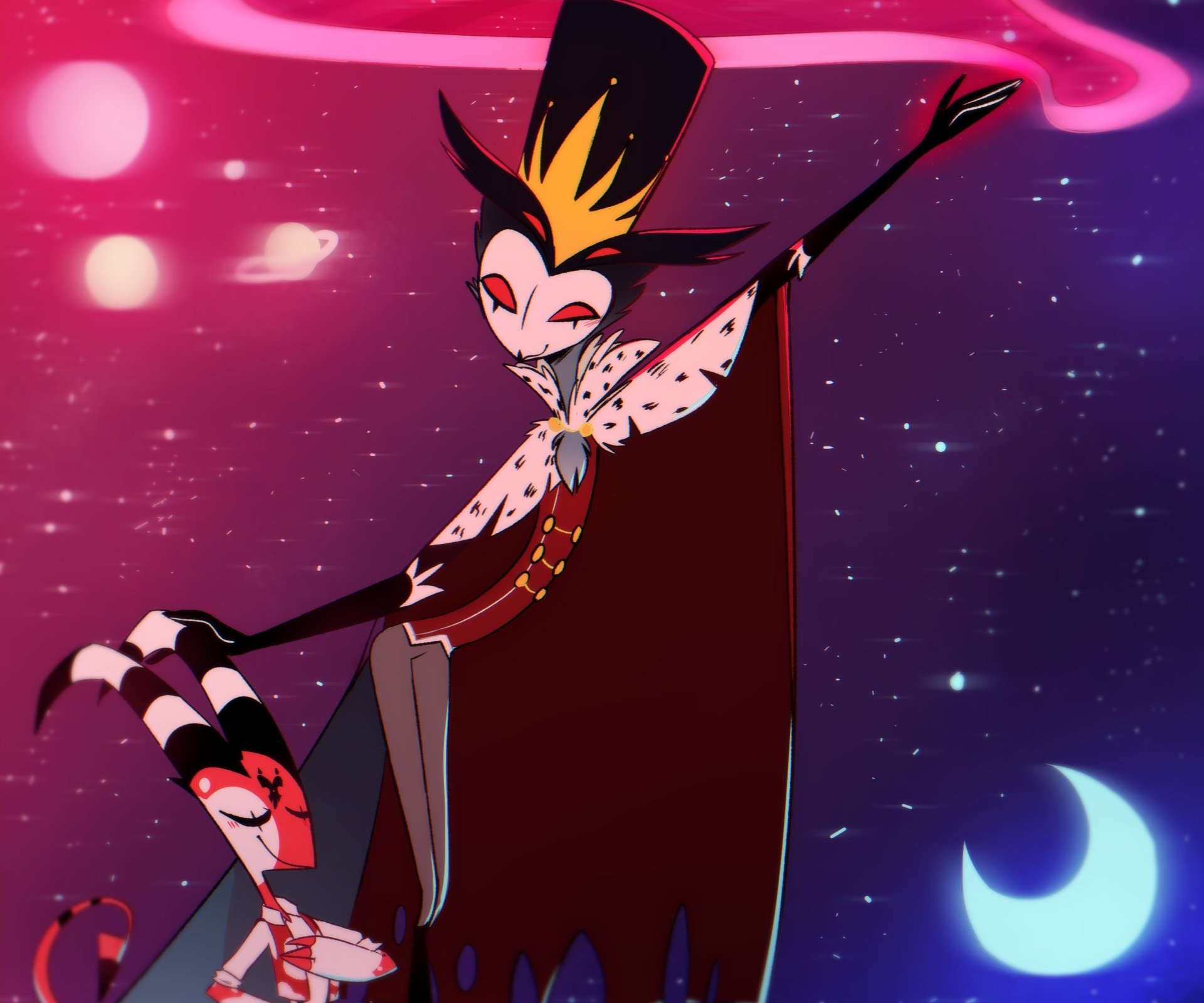 2K Quad HD PC desktop wallpaper of Stolas and Blitzo from the TV show Helluva Boss — Stolas stands regally with flowing cape against a starry purple space background with moons.