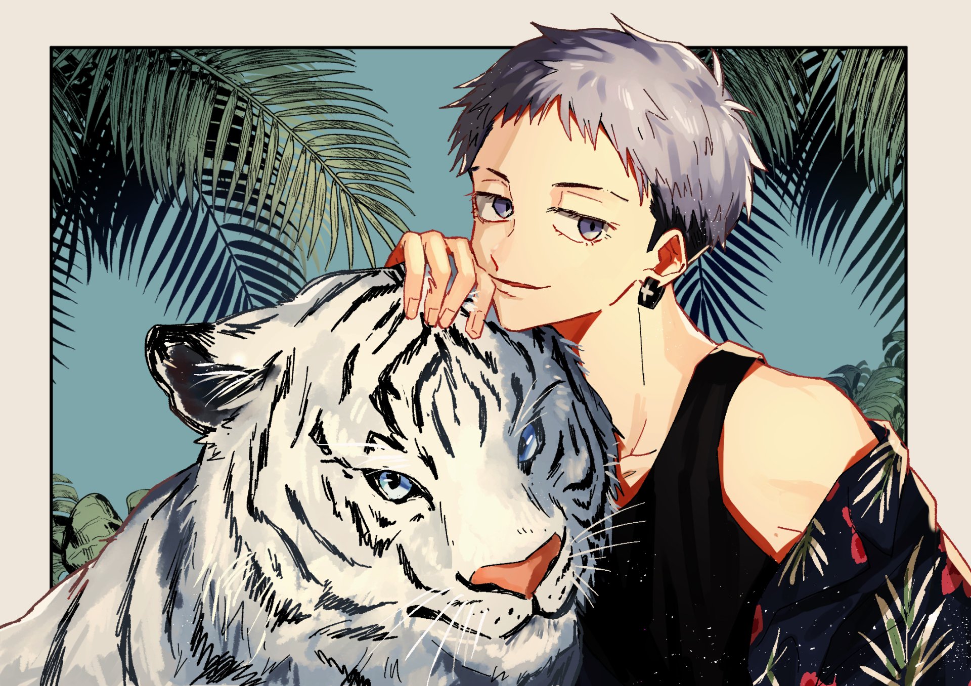 HD anime desktop wallpaper featuring Takashi Mitsuya from Tokyo Revengers, depicted with a white tiger and tropical foliage in the background.
