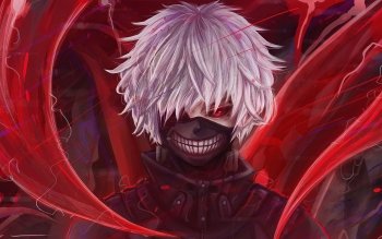 4K, Kaneki Ken, white hair, red, anime, fan art, mask, Tokyo Ghoul, HD  Wallpaper