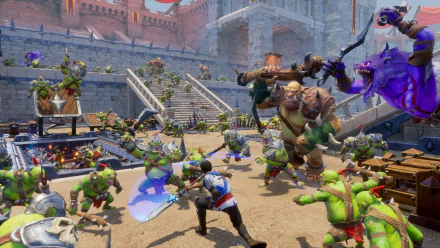 HD desktop wallpaper featuring dynamic battle scene from Orcs Must Die! 3 game with heroes and orcs in combat.
