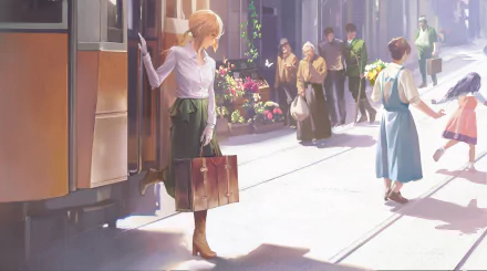 Anime HD wallpaper featuring a scene from Violet Evergarden. A character with a suitcase steps off a tram onto a bustling street with people and storefronts, creating a lively and picturesque background.