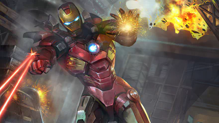 HD PC desktop wallpaper of comic superhero Iron Man in red-and-gold armor firing repulsor beams amid explosions in an industrial environment, dynamic action pose for a background.