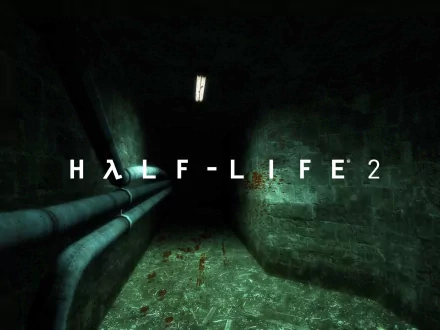 A dark, atmospheric corridor with pipes and subtle bloodstains sets the scene for this HD desktop wallpaper featuring the iconic video game Half-Life 2.