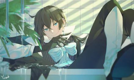 Vanitas (The Case Study of Vanitas) lounges in a sunlit room, teal-eyed and smirking in a black-and-white outfit — 2K Quad HD anime PC desktop wallpaper background.