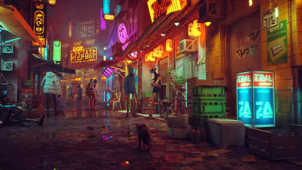 HD PC desktop wallpaper showcasing a neon-lit urban alley from the video game Stray, featuring a small cat navigating the rainy, vibrant city streets at night.