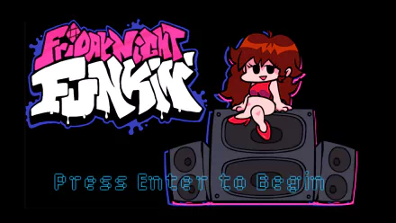 HD PC desktop wallpaper of the video game Friday Night Funkin': logo and Girlfriend perched on a speaker with neon outlines and Press Enter to Begin text on a black background.