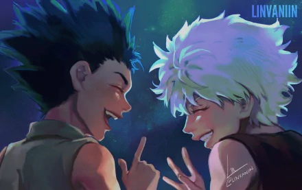 HD anime desktop wallpaper featuring Gon Freecss and Killua Zoldyck from Hunter x Hunter sharing a joyful moment with vibrant colors and dynamic lighting.