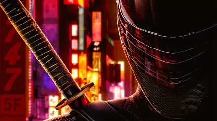 Snake Eyes from Snake Eyes: G.I. Joe Origins, masked ninja with katana against neon city lights — 8K Ultra HD PC desktop wallpaper.