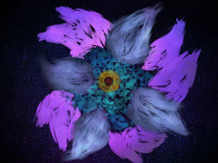 Artistic 4K Ultra HD PC desktop wallpaper — a stylized flower with a teal-and-yellow center and swirling purple and silver-gray petals on a dark, star-speckled background.