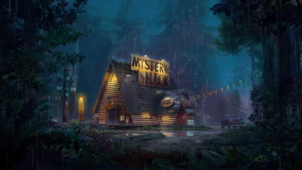 A captivating 4K Ultra HD wallpaper featuring the Mystery Shack from the TV show Gravity Falls, surrounded by lush forests and an atmospheric, rainy night setting.