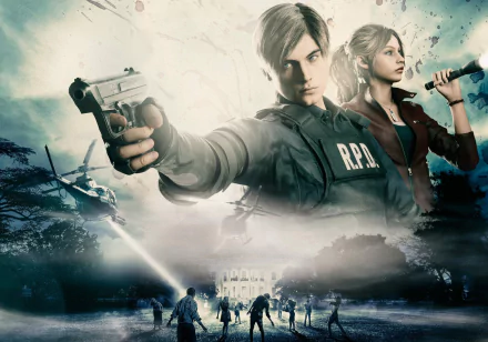 HD wallpaper of Resident Evil: Infinite Darkness featuring animated characters Leon S. Kennedy with a gun and Claire Redfield with a flashlight against a moody, action-packed backdrop for desktop background.