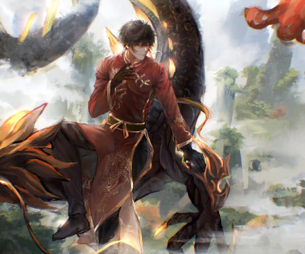 HD PC desktop wallpaper featuring Zhongli, also known as Rex Lapis, from the video game Genshin Impact in an elegant pose amidst a mystical landscape.