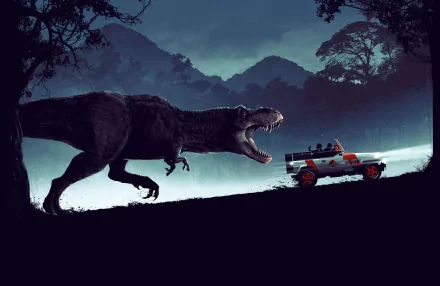 Jurassic Park movie HD PC desktop wallpaper: T. rex roars at an illuminated tour jeep on a misty jungle road, silhouetted trees and distant mountains.