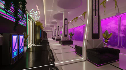 A vibrant HD desktop wallpaper from the video game Splitgate, featuring a futuristic lounge with purple lighting, sleek design, and lush plants, creating an immersive environment.