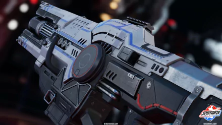 A close-up view of a futuristic weapon from the video game Splitgate, set against an abstract background, making it a striking HD desktop wallpaper.