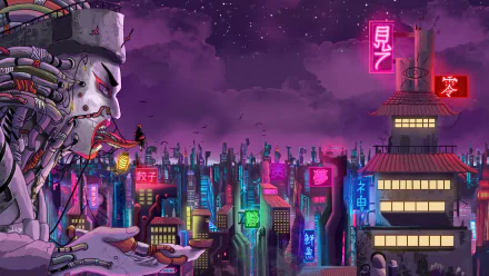 HD anime wallpaper featuring Naruto Uzumaki against a futuristic cityscape with neon lights and intricate details, tagged with Naruto and Anime.