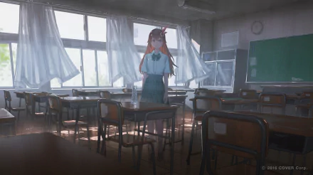 HD desktop wallpaper featuring Tokino Sora from hololive dressed in a school uniform, standing in an empty anime-style classroom, representing a virtual YouTuber scene.