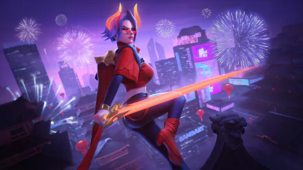 Fiora (League of Legends) video game 4K Ultra HD PC desktop wallpaper and background: armored duelist with glowing sword on a neon city rooftop as fireworks burst.