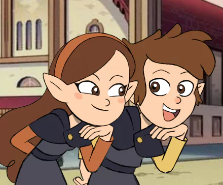 HD desktop wallpaper featuring a crossover of The Owl House and Gravity Falls characters with pointed ears, showcasing Mabel and Dipper Pines in animated TV show style.