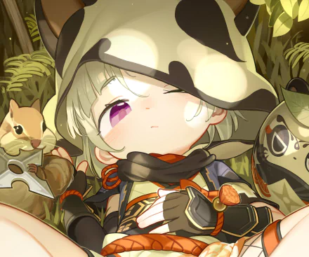 HD PC desktop wallpaper featuring Sayu from the video game Genshin Impact, depicted with vibrant colors and detailed character art in a forest setting.