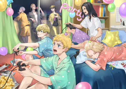 Anime characters from Tokyo Revengers, including Mikey, Draken, Mitsuya, Chifuyu, Kazutora, Takemichi, and Baji, enjoy a pajama party with video games and snacks. HD desktop wallpaper and background.