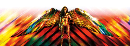 Gal Gadot as Wonder Woman in golden armor with vibrant, multicolored wings from Wonder Woman 1984, captured in an 8K Ultra HD movie wallpaper.
