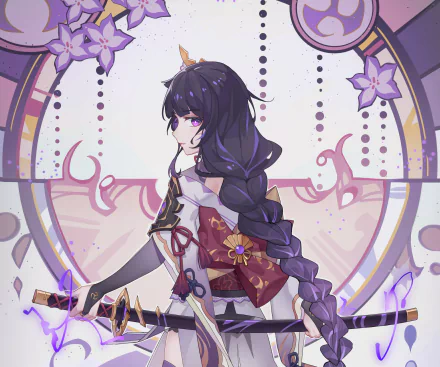 HD PC desktop wallpaper featuring Baal Raiden Shogun from the video game Genshin Impact, showcasing her detailed design with purple accents and floral motifs.