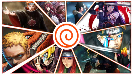 HD PC desktop wallpaper featuring a dynamic anime crossover with popular characters arranged in a radial design centered around the Naruto series symbol.