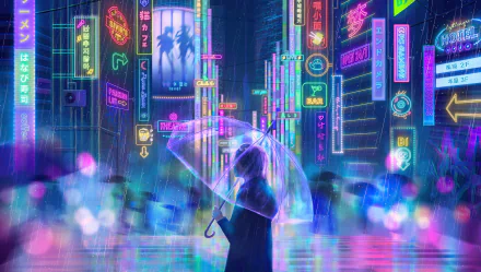 A 4K Ultra HD cyberpunk cityscape at night, glowing with vibrant neon signs and futuristic sci-fi visuals, featuring a figure holding a transparent umbrella in the rain.