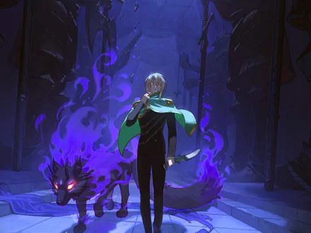 Comic character Arthur Leywin from The Beginning After The End stands confidently with a purple-eyed wolf, set against a dark, mystical background. This HD desktop wallpaper exudes fantasy and adventure.