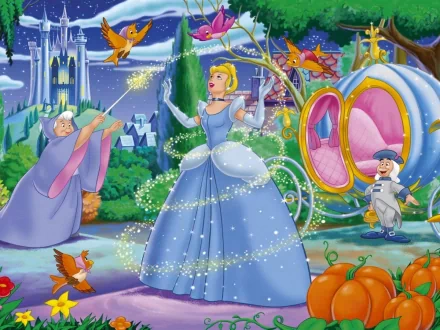 Cinderella from the 1950 animated movie is featured in a magical scene, surrounded by birds and her fairy godmother, with a whimsical pumpkin carriage in the background.