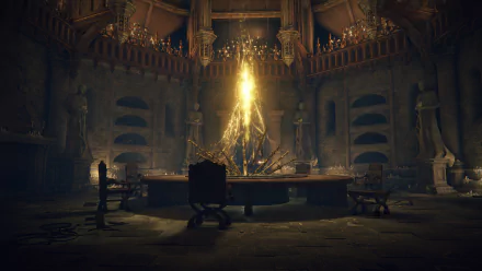 HD wallpaper featuring a grand, dimly lit room from the video game Elden Ring, with an ornate round table and a striking beam of golden light at the center.
