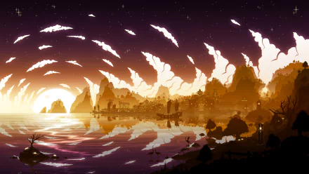 HD desktop wallpaper featuring a stunning sunset view of Liyue from the video game Genshin Impact, showcasing a serene landscape with mountains, illuminated cityscape, and reflective waters.