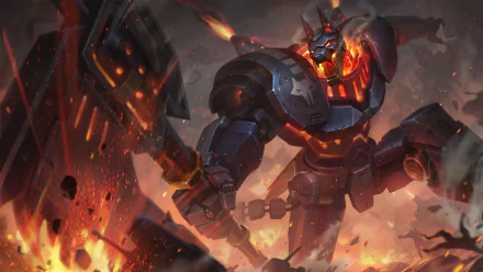 Nasus from League of Legends depicted as a fiery, armored warrior in a dynamic 4K Ultra HD video game desktop wallpaper.
