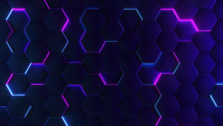 HD desktop wallpaper with an artistic pattern of dark hexagons, accented with neon purple and blue glowing edges, creating a futuristic and dynamic background.