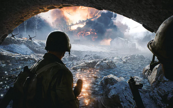 HD PC desktop wallpaper from the video game Battlefield 2042 showing soldiers overlooking a war-torn, fiery battlefield through a rocky arch.