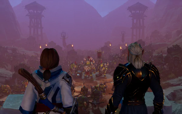 A stunning HD wallpaper from the video game Orcs Must Die! 3, featuring two characters surveying a battlefield filled with orcs amid a dramatic landscape.