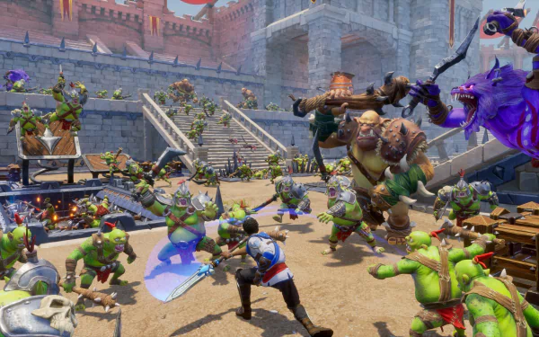 HD desktop wallpaper featuring dynamic battle scene from Orcs Must Die! 3 game with heroes and orcs in combat.