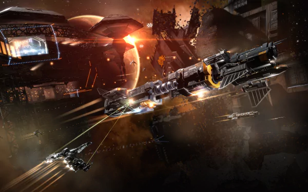 HD EVE Online desktop wallpaper featuring spaceships and space station with dynamic lighting effects.