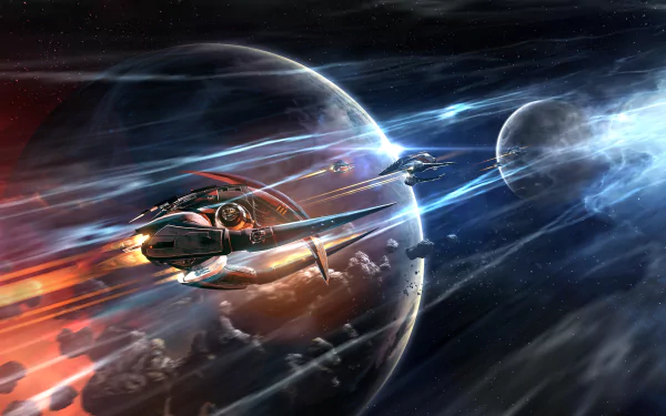 HD desktop wallpaper featuring a dynamic scene from EVE Online with a spaceship traveling through space, showcasing brilliant energy shields and cosmic visuals.