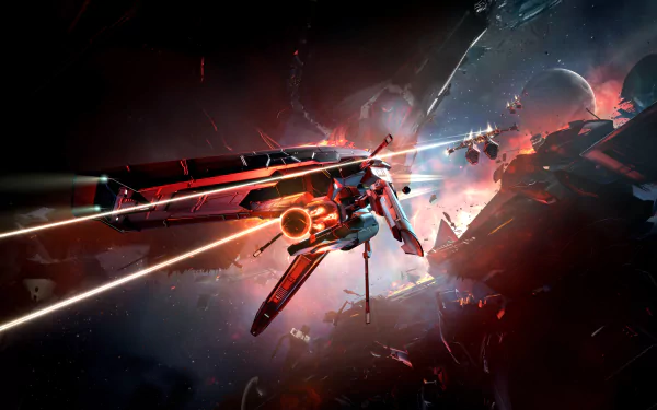 A vibrant HD desktop wallpaper showcasing dynamic space battles in EVE Online, featuring a sleek spaceship surrounded by colorful cosmic explosions and debris.