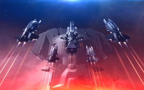 HD EVE Online desktop wallpaper featuring dynamic spaceship fleet with red engine trails against a starry space background.