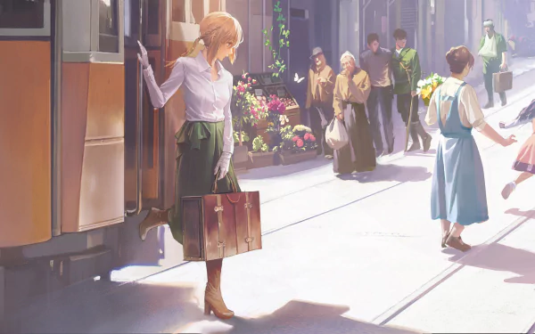 Anime HD wallpaper featuring a scene from Violet Evergarden. A character with a suitcase steps off a tram onto a bustling street with people and storefronts, creating a lively and picturesque background.