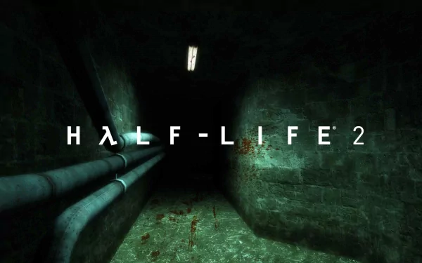 A dark, atmospheric corridor with pipes and subtle bloodstains sets the scene for this HD desktop wallpaper featuring the iconic video game Half-Life 2.