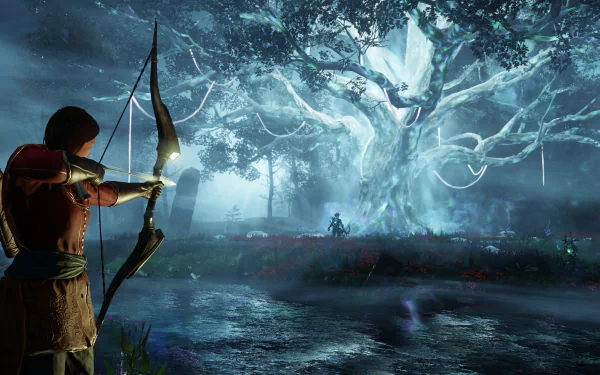 4K Ultra HD desktop wallpaper showcasing a scene from the video game New World, featuring a character aiming a bow at a glowing, mystical tree in a foggy forest.