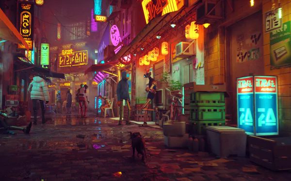 HD PC desktop wallpaper showcasing a neon-lit urban alley from the video game Stray, featuring a small cat navigating the rainy, vibrant city streets at night.